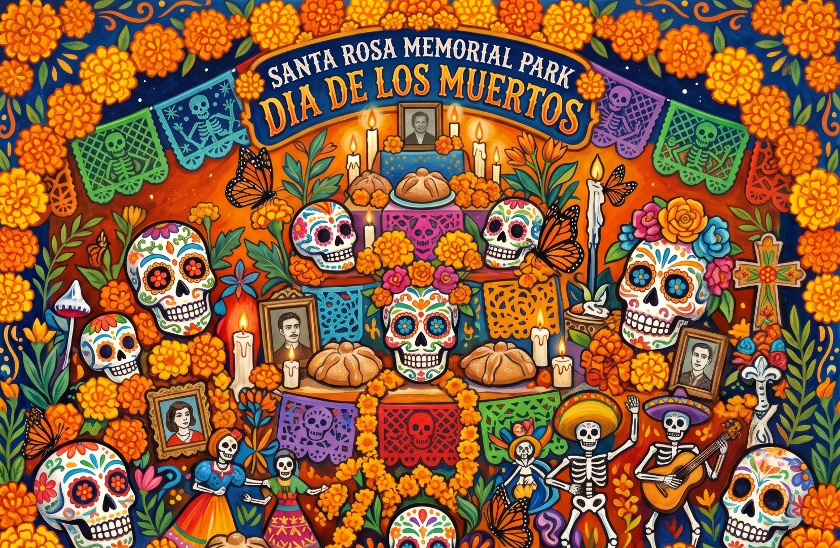 Día de los Muertos altar with marigolds, candles, and sugar skulls